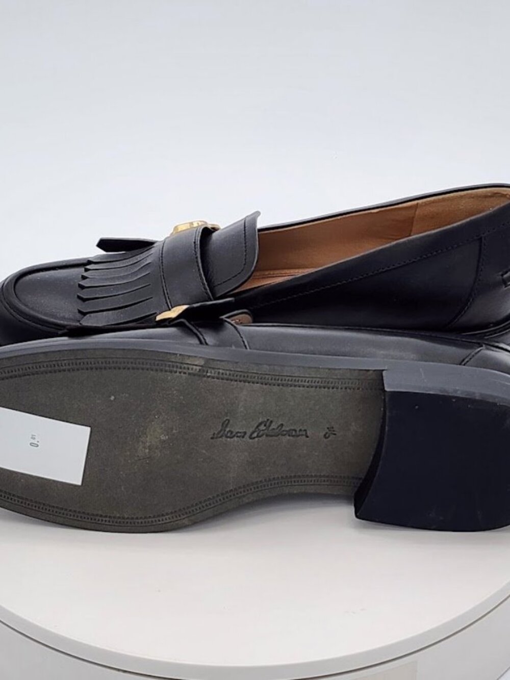 Black Leather Fringe Loafers with Gold Accent - Picture 9 of 9